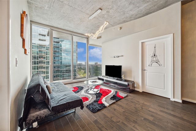 living room featuring expansive windows and hardwood / wood-style flooring