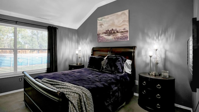 bedroom featuring crown molding, vaulted ceiling, and carpet flooring