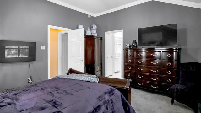 bedroom with ornamental molding and light colored carpet