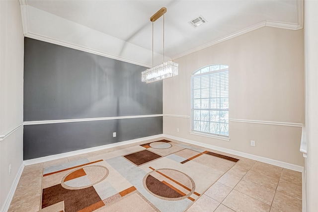 unfurnished dining area with a chandelier, light tile patterned floors, and crown molding