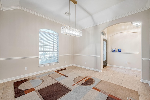 interior space featuring crown molding, light tile patterned floors, and a chandelier