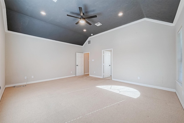 unfurnished bedroom with ceiling fan, high vaulted ceiling, light carpet, and ornamental molding