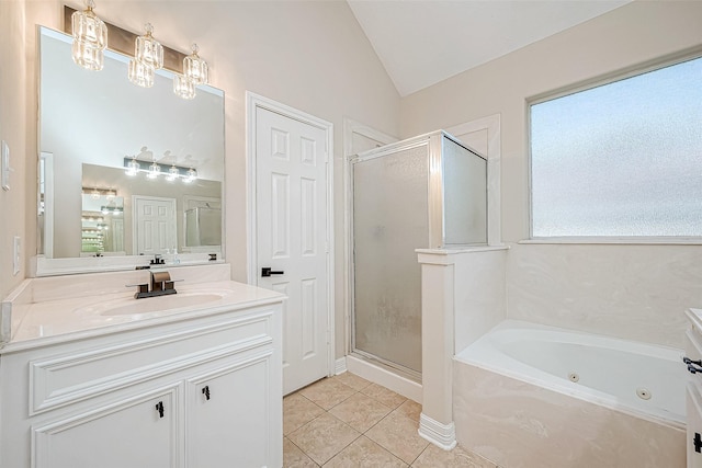 bathroom with vanity, tile patterned flooring, plus walk in shower, and lofted ceiling