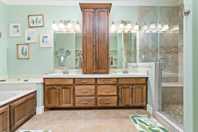 bathroom with crown molding, separate shower and tub, tile patterned floors, and vanity