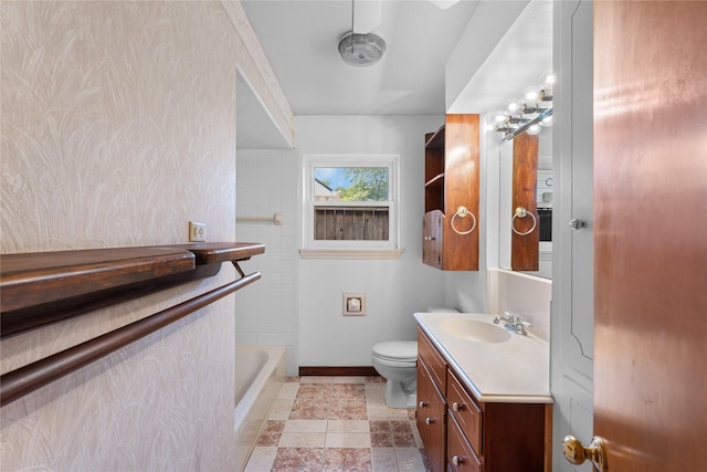 4415 Fallbrook Dr, Houston, TX 77018 - bathroom featuring vanity, toilet, baseboards, and washtub / shower combination