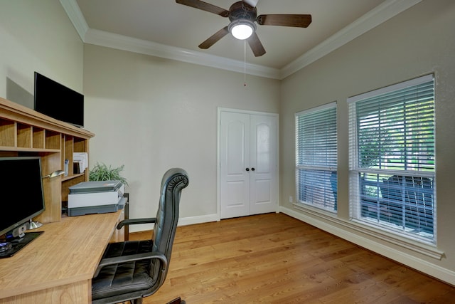 home office featuring crown molding, light wood-type flooring, and ceiling fan