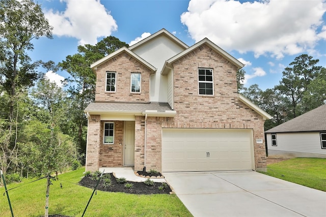 craftsman inspired home featuring a garage and a front lawn