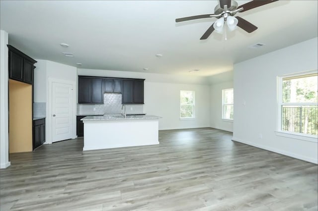 kitchen with tasteful backsplash, hardwood / wood-style floors, light stone counters, and a kitchen island with sink