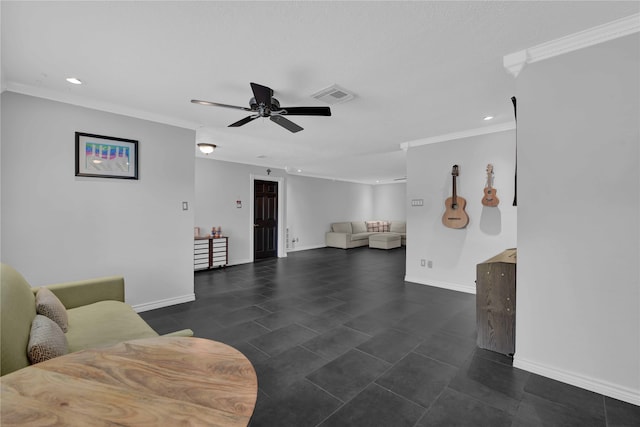 tiled living room with ceiling fan and crown molding