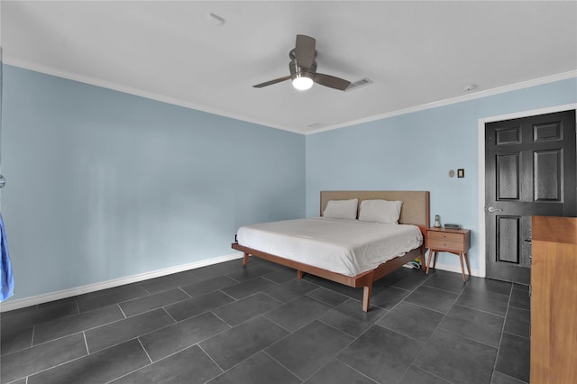 tiled bedroom with crown molding and ceiling fan