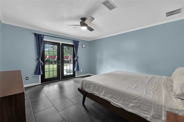 bedroom featuring access to exterior, french doors, crown molding, and ceiling fan