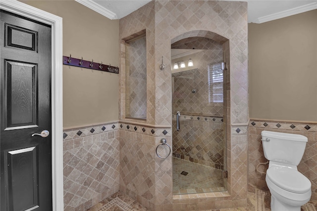 bathroom with walk in shower, crown molding, tile walls, and toilet