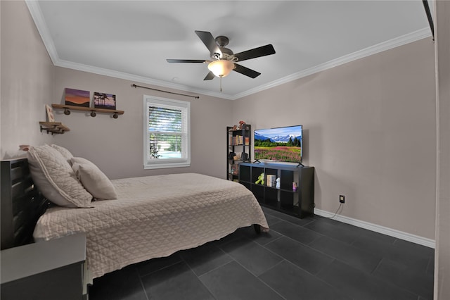 tiled bedroom with ornamental molding and ceiling fan