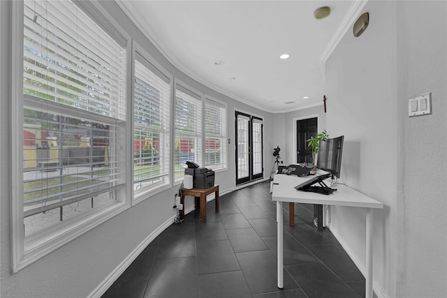 office featuring ornamental molding and dark tile patterned flooring