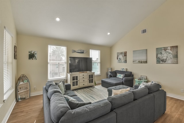 living room featuring high vaulted ceiling and hardwood / wood-style floors