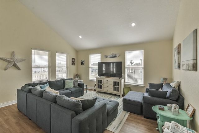 living room with hardwood / wood-style floors and high vaulted ceiling