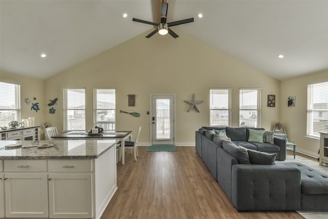 living room featuring high vaulted ceiling, light hardwood / wood-style flooring, and ceiling fan