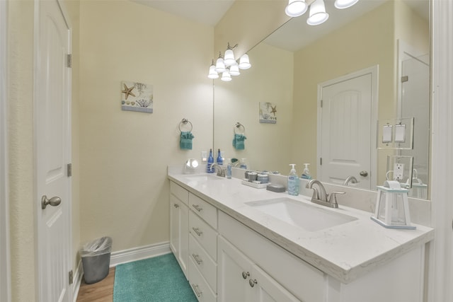 bathroom with hardwood / wood-style floors and vanity