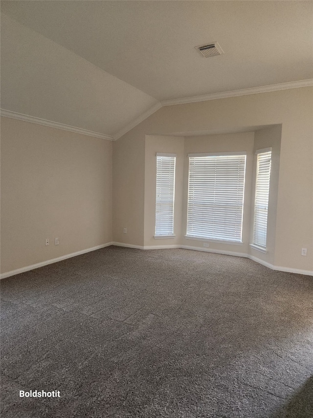 carpeted empty room with ornamental molding and vaulted ceiling