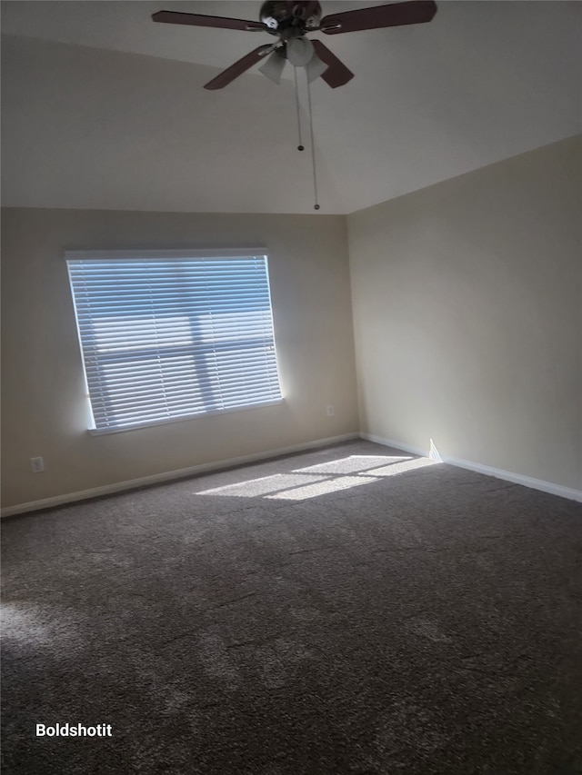 unfurnished room with carpet floors, high vaulted ceiling, and ceiling fan