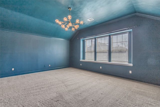 bonus room featuring carpet flooring, vaulted ceiling, and a chandelier