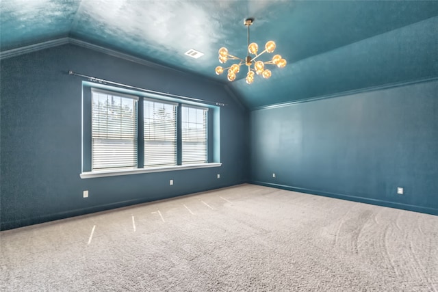 additional living space featuring an inviting chandelier, carpet floors, and vaulted ceiling