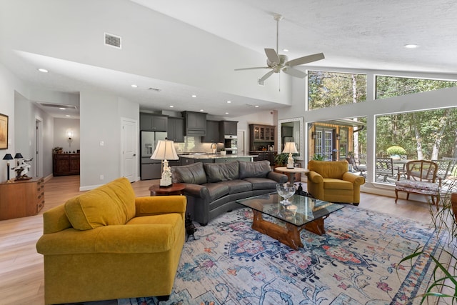 living room featuring high vaulted ceiling, ceiling fan, sink, light hardwood / wood-style floors, and a textured ceiling