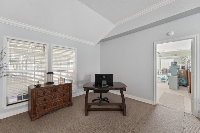 office with carpet floors, ornamental molding, a textured ceiling, and vaulted ceiling