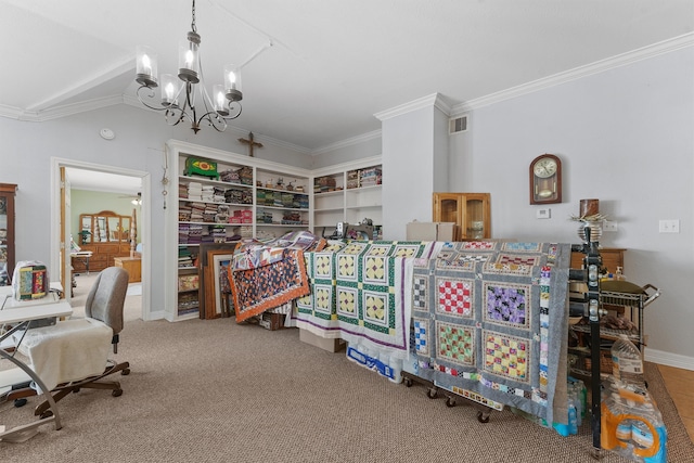 office area with carpet floors, a notable chandelier, lofted ceiling, and crown molding