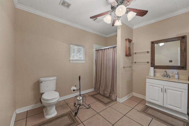 bathroom featuring ceiling fan, toilet, crown molding, tile patterned floors, and vanity