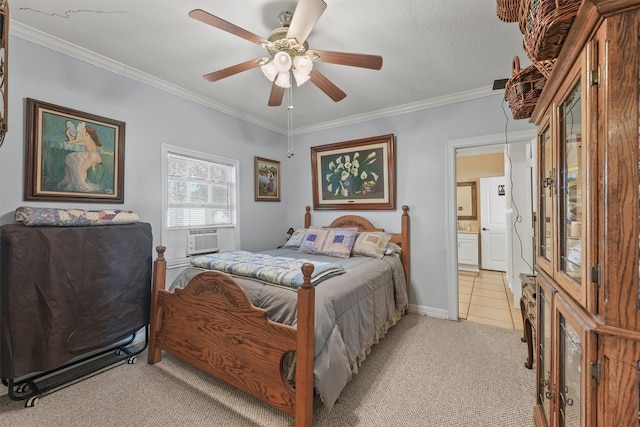 carpeted bedroom with ornamental molding, cooling unit, and ceiling fan