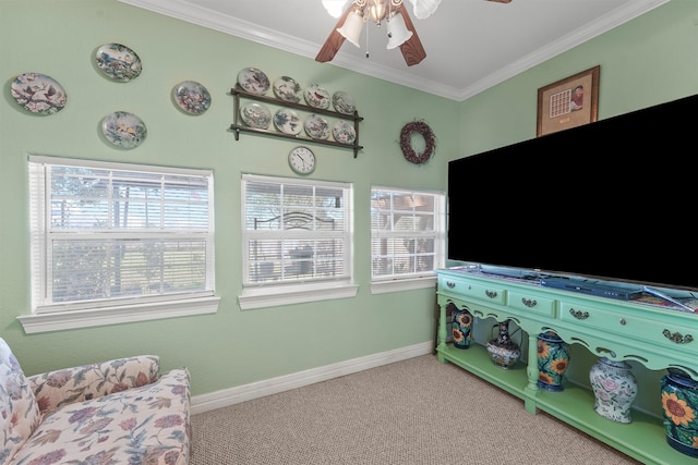 game room with ornamental molding, ceiling fan, and light colored carpet