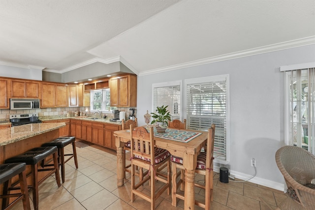 kitchen featuring light stone counters, a healthy amount of sunlight, sink, and stainless steel appliances