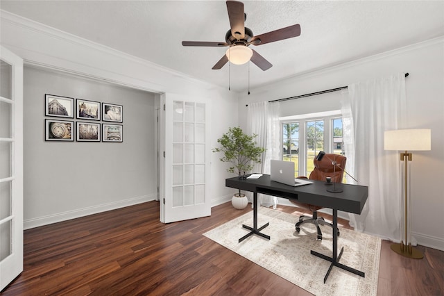 office with baseboards, ornamental molding, french doors, dark wood-style floors, and a ceiling fan