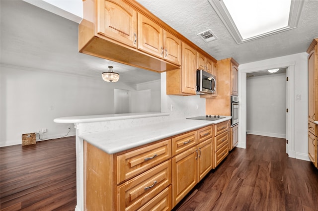 kitchen with a textured ceiling, kitchen peninsula, stainless steel appliances, and dark hardwood / wood-style flooring