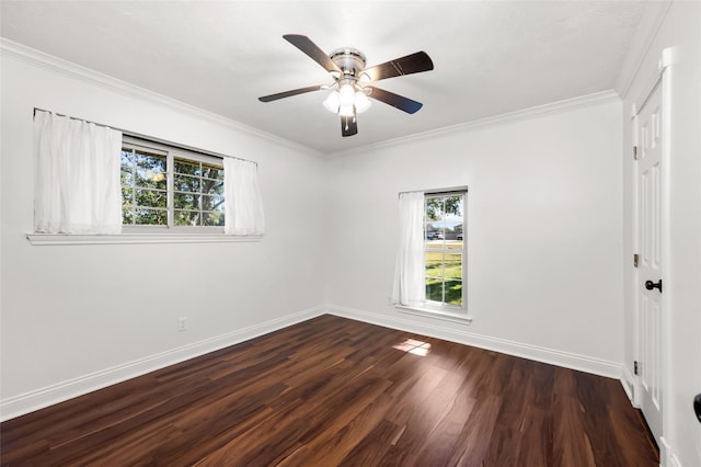 spare room with a wealth of natural light, dark wood-style floors, baseboards, and crown molding