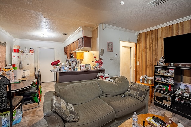 living room featuring a textured ceiling, light hardwood / wood-style floors, and ornamental molding