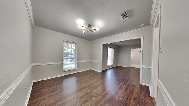 spare room featuring crown molding, dark hardwood / wood-style floors, and a textured ceiling