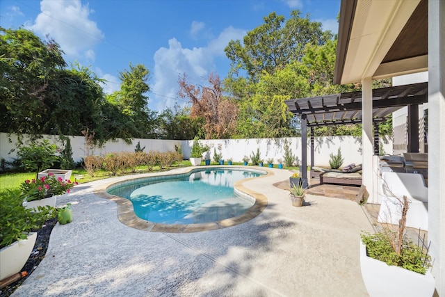 view of swimming pool with a patio and a pergola