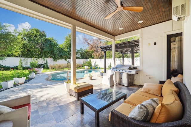 view of patio with a pergola, ceiling fan, a fenced in pool, and grilling area