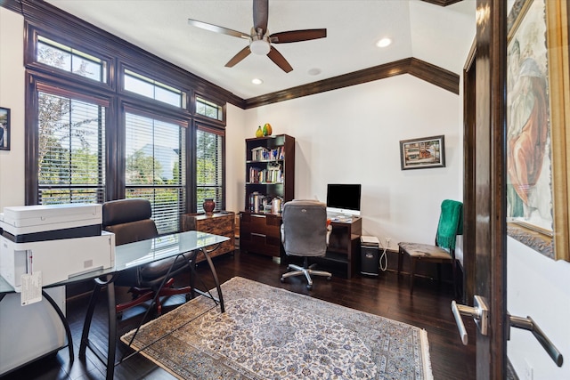 office space with ornamental molding, dark hardwood / wood-style flooring, and ceiling fan