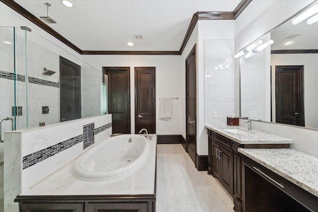 bathroom featuring crown molding, vanity, and shower with separate bathtub