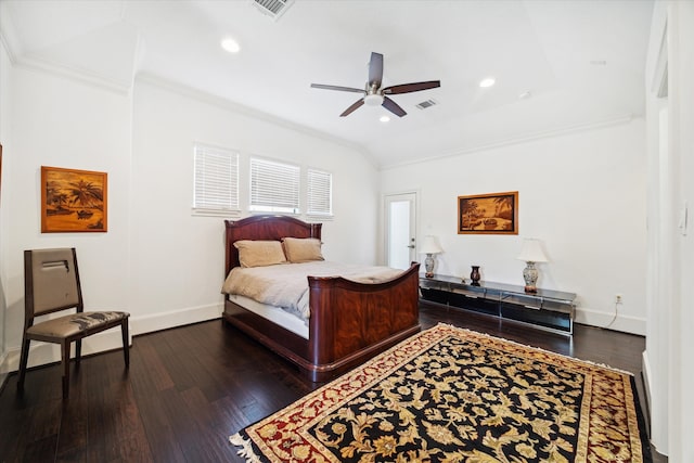 bedroom featuring ceiling fan, ornamental molding, lofted ceiling, and dark hardwood / wood-style flooring