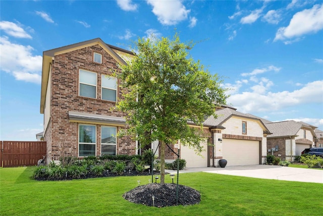 view of front of property featuring a front lawn and a garage