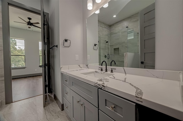 2322 Tuam, Houston, TX 77004 - full bathroom featuring a ceiling fan, vanity, a stall shower, marble look tile flooring, and recessed lighting