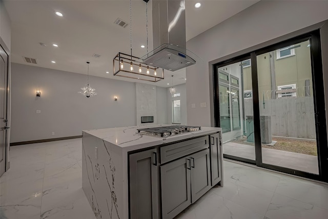2322 Tuam, Houston, TX 77004 - kitchen featuring stainless steel gas stovetop, island exhaust hood, light marble finish floors, gray cabinets, and recessed lighting