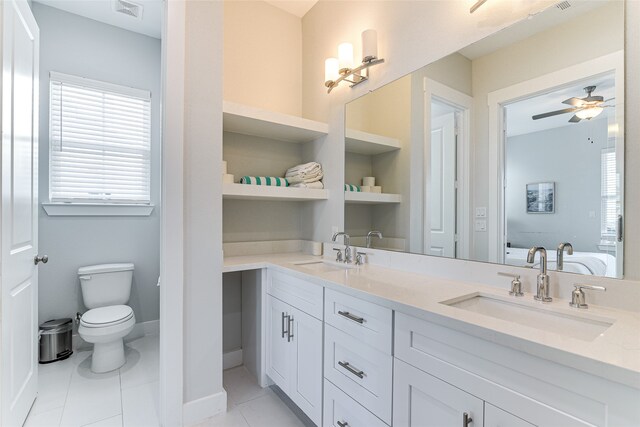 bathroom with ceiling fan, vanity, tile patterned flooring, and toilet