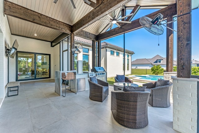 view of patio / terrace with outdoor lounge area, ceiling fan, and grilling area