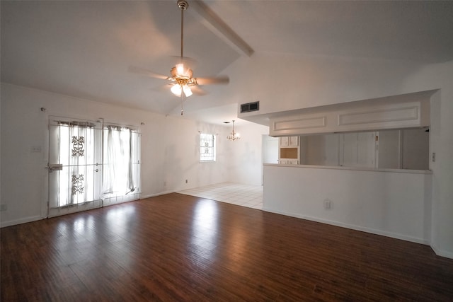 unfurnished room featuring vaulted ceiling, ceiling fan with notable chandelier, and light hardwood / wood-style floors