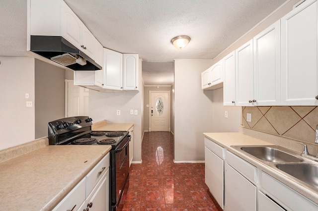 kitchen with black / electric stove, sink, white dishwasher, decorative backsplash, and white cabinets